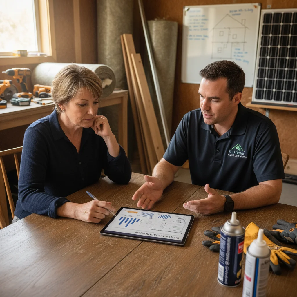 Homeowner discussing energy audit report with a certified auditor, planning improvements.