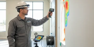 Energy auditor using thermal camera to detect heat loss in building wall.