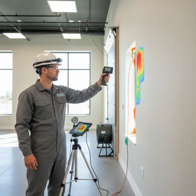 Energy auditor using thermal camera to detect heat loss in building wall.