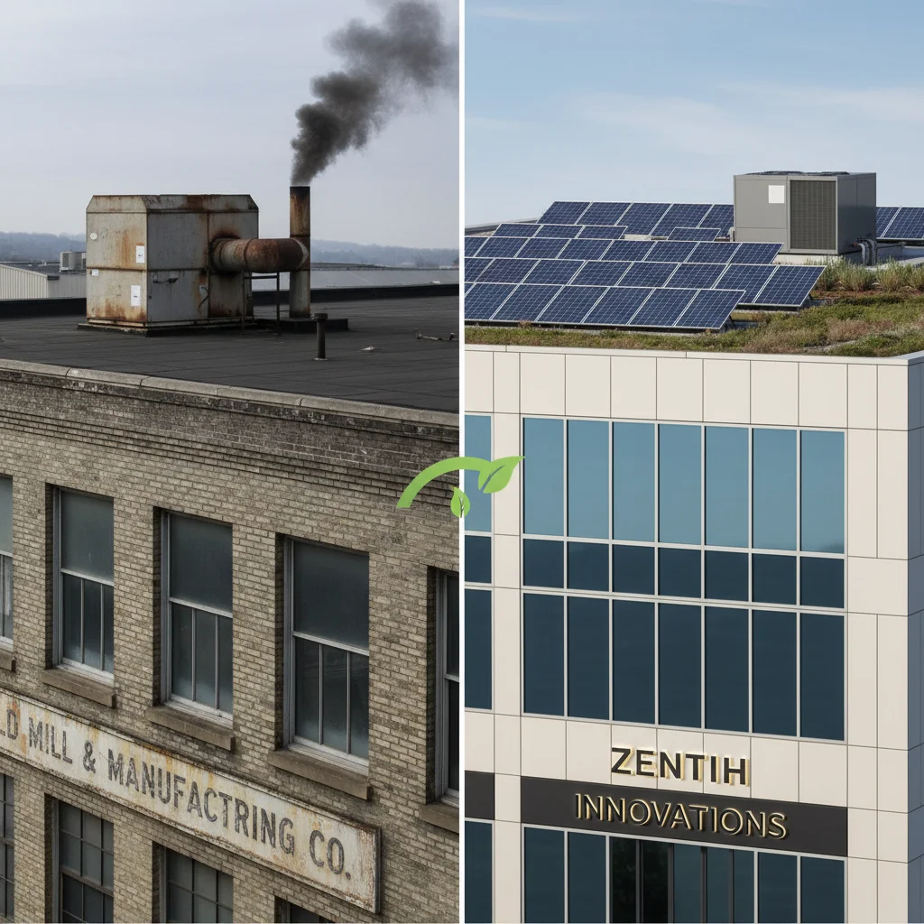 Before and after comparison of commercial buildings showing energy efficiency upgrades and solar installations.