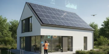 Modern energy-efficient home with solar panels and a professional conducting an energy audit.