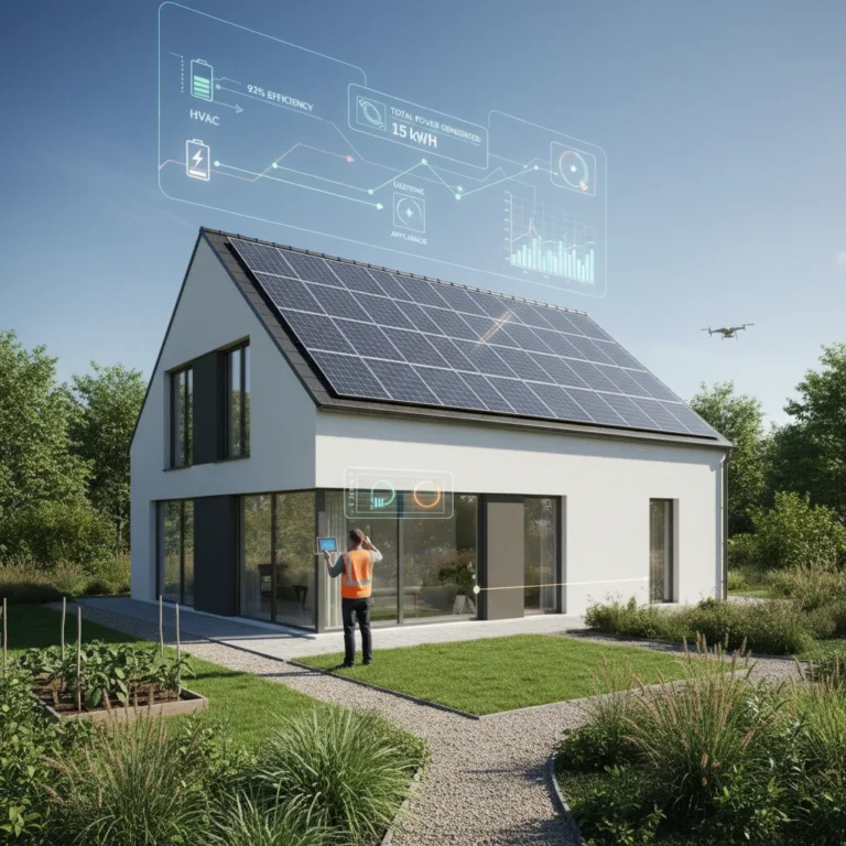 Modern energy-efficient home with solar panels and a professional conducting an energy audit.