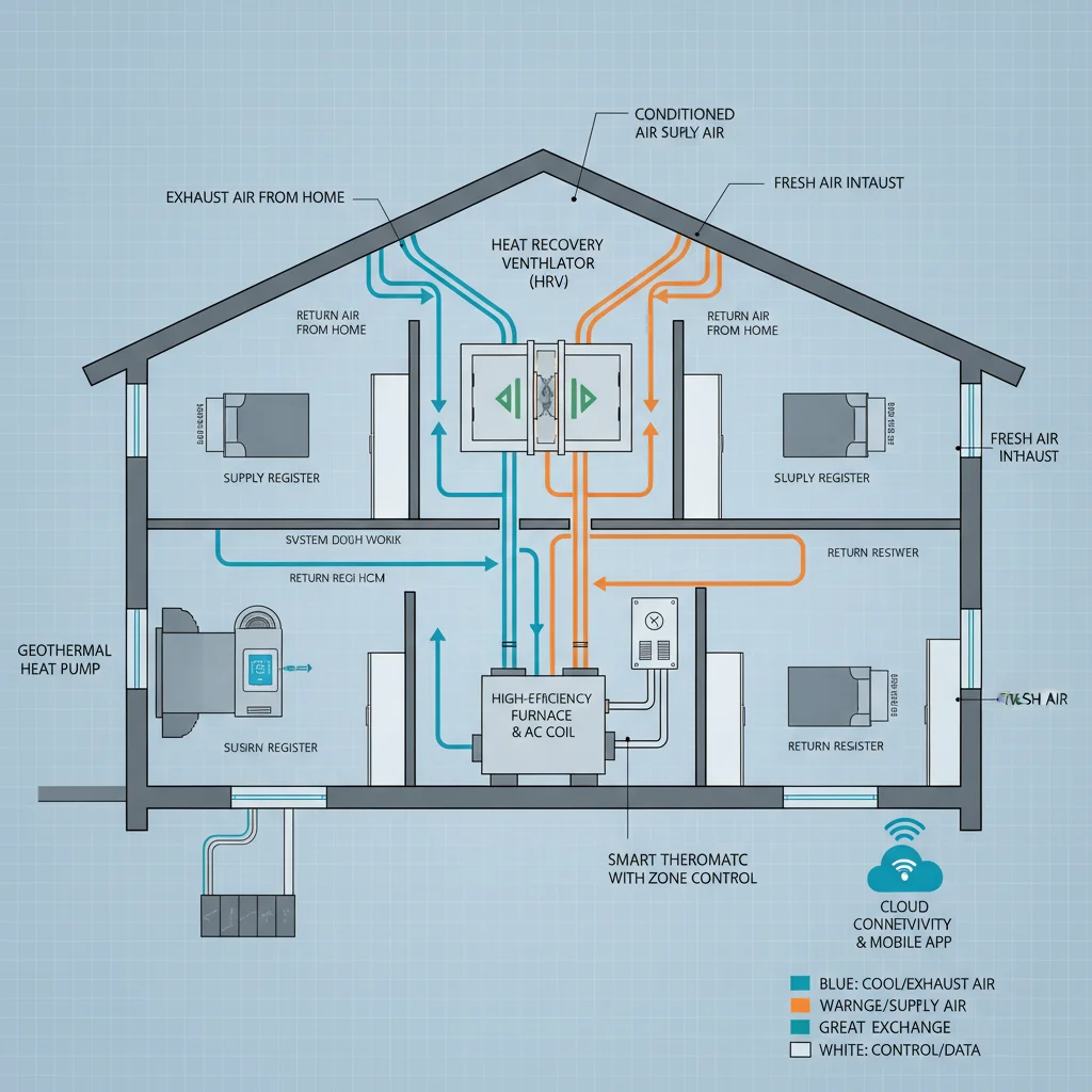 Diagram of an energy-efficient HVAC system in a green home.