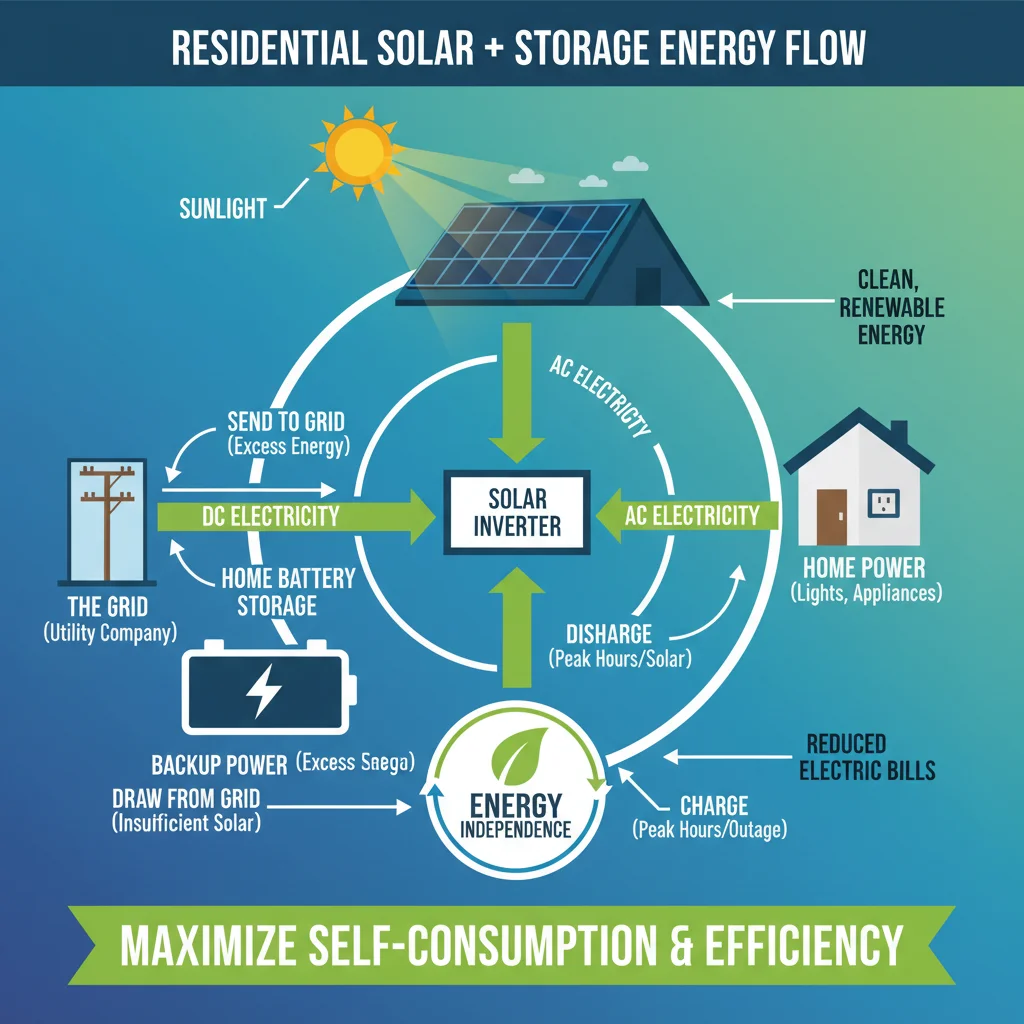 Infographic showing energy flow in a residential solar storage system