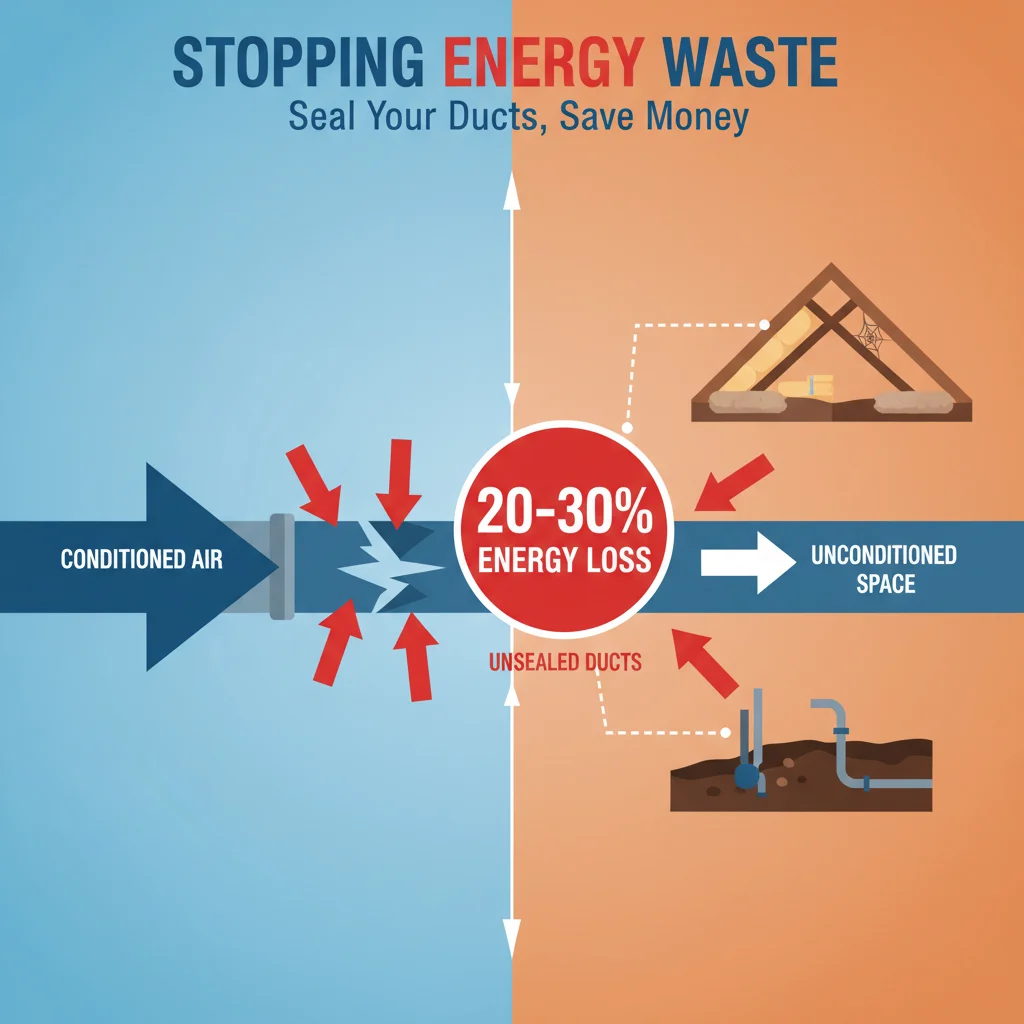 Infographic showing 20-30 percent energy loss from unsealed air ducts