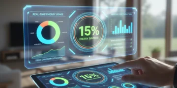Digital dashboard showing energy consumption data with a 15% savings highlight, representing the power of energy monitoring.