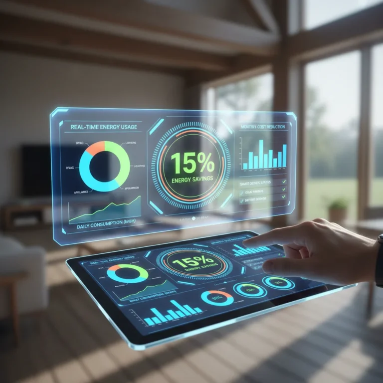 Digital dashboard showing energy consumption data with a 15% savings highlight, representing the power of energy monitoring.