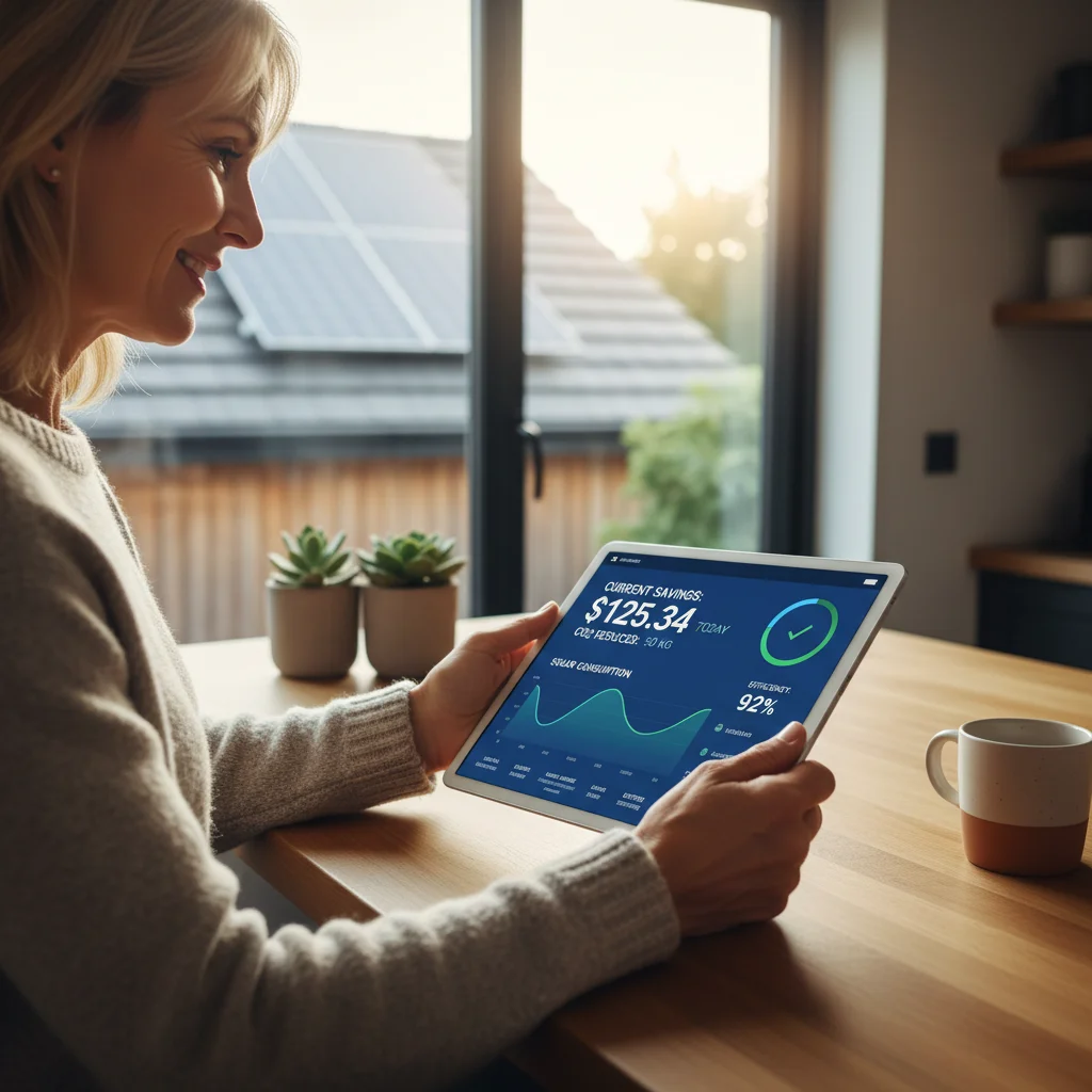 Homeowner reviewing digital energy monitoring dashboard on tablet, showing solar production and consumption.