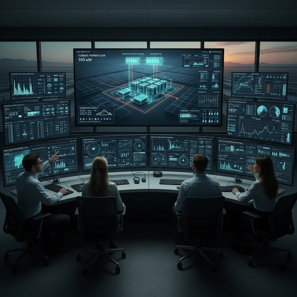 Engineers monitoring real-time data from a commercial battery storage system, ensuring optimal performance and grid integration.
