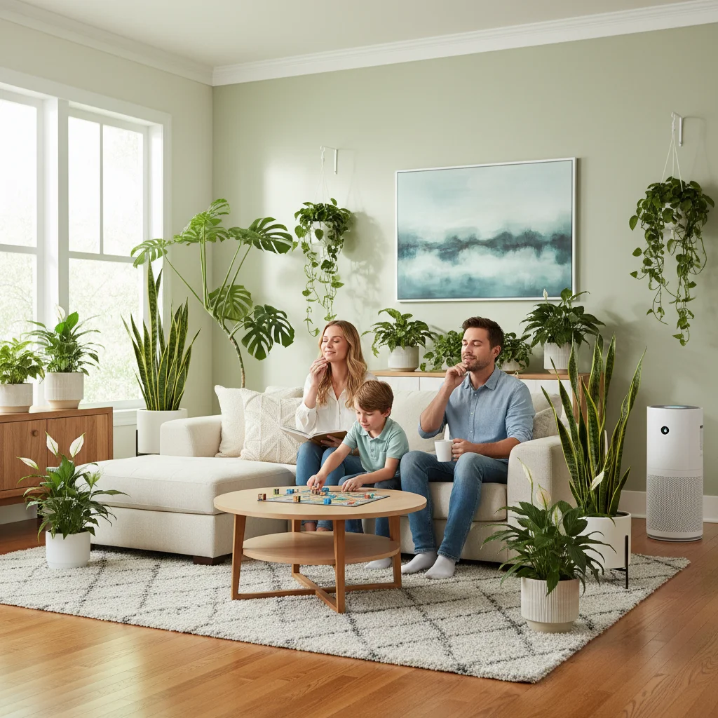Family in a living room with air-purifying plants and a modern air purifier, depicting healthy indoor air.