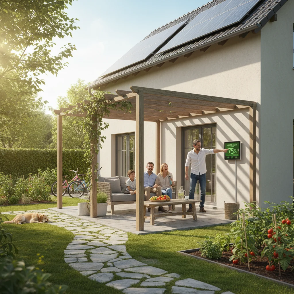 Family enjoying backyard with smart energy meter showing solar savings and sustainable living.