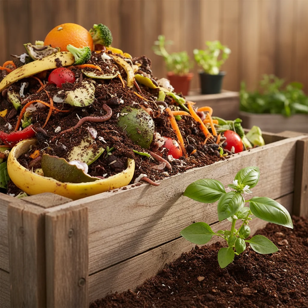 Composting bin filled with organic food waste