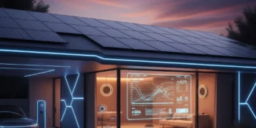 Futuristic smart home with solar panels and integrated energy display