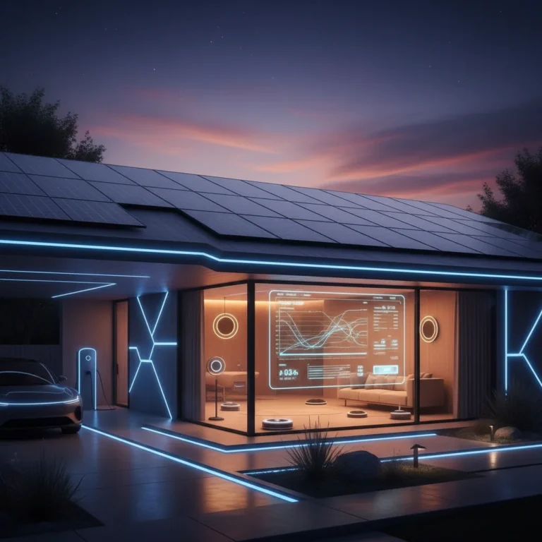 Futuristic smart home with solar panels and integrated energy display