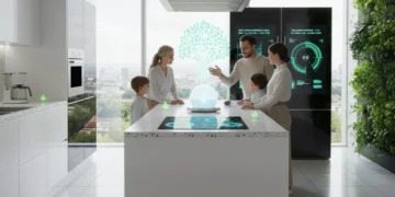 Futuristic kitchen with smart appliances showing energy data and a family using voice control.