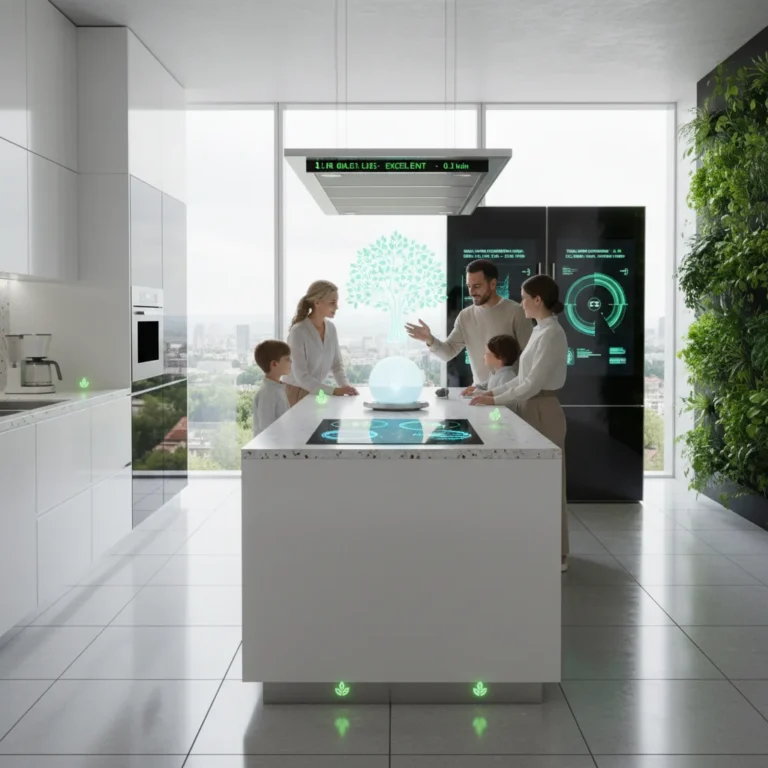 Futuristic kitchen with smart appliances showing energy data and a family using voice control.