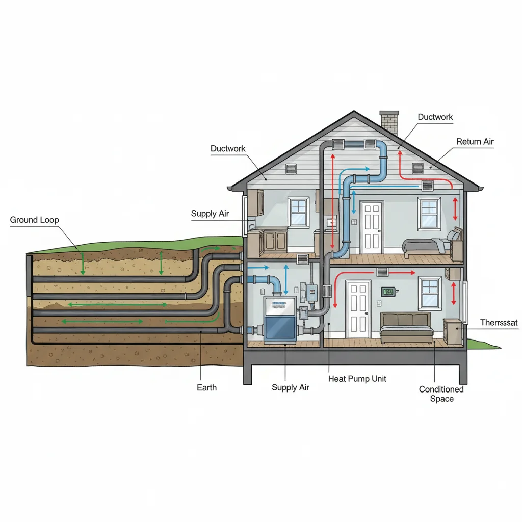 Geothermal heat pump system diagram for home heating and cooling.