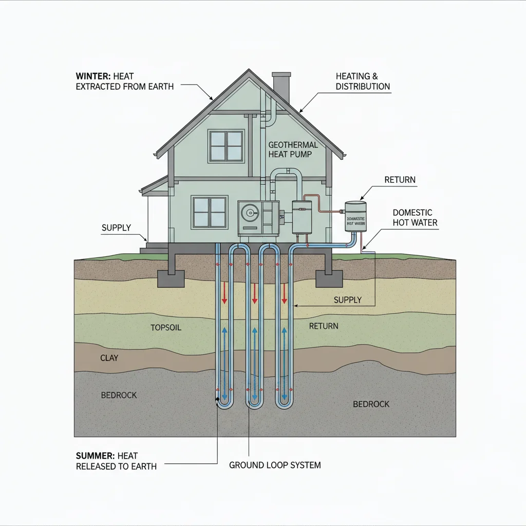 Diagram illustrating a geothermal heat pump system for home heating and cooling.