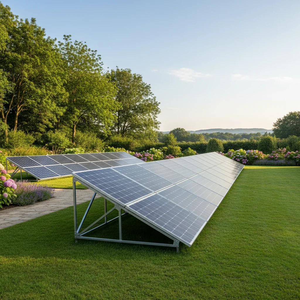 Ground-mounted solar panels in a green backyard, showcasing easy access and clean installation.