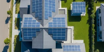 Ground-mounted versus rooftop solar panels on a residential property under a clear sky.