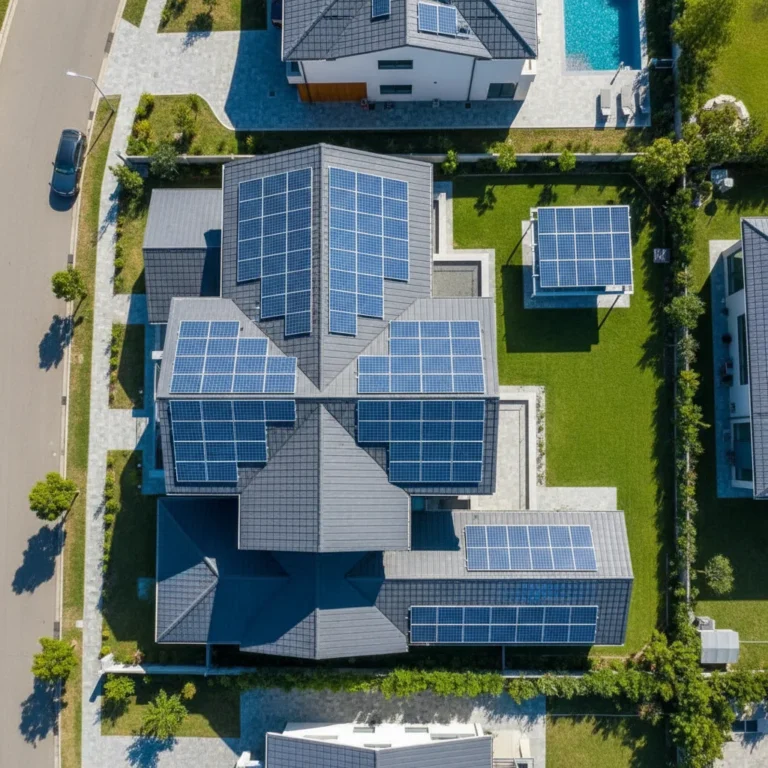 Ground-mounted versus rooftop solar panels on a residential property under a clear sky.