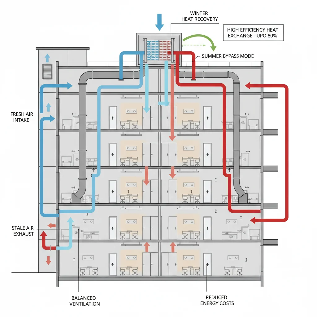 Diagram of heat recovery ventilation system in commercial building