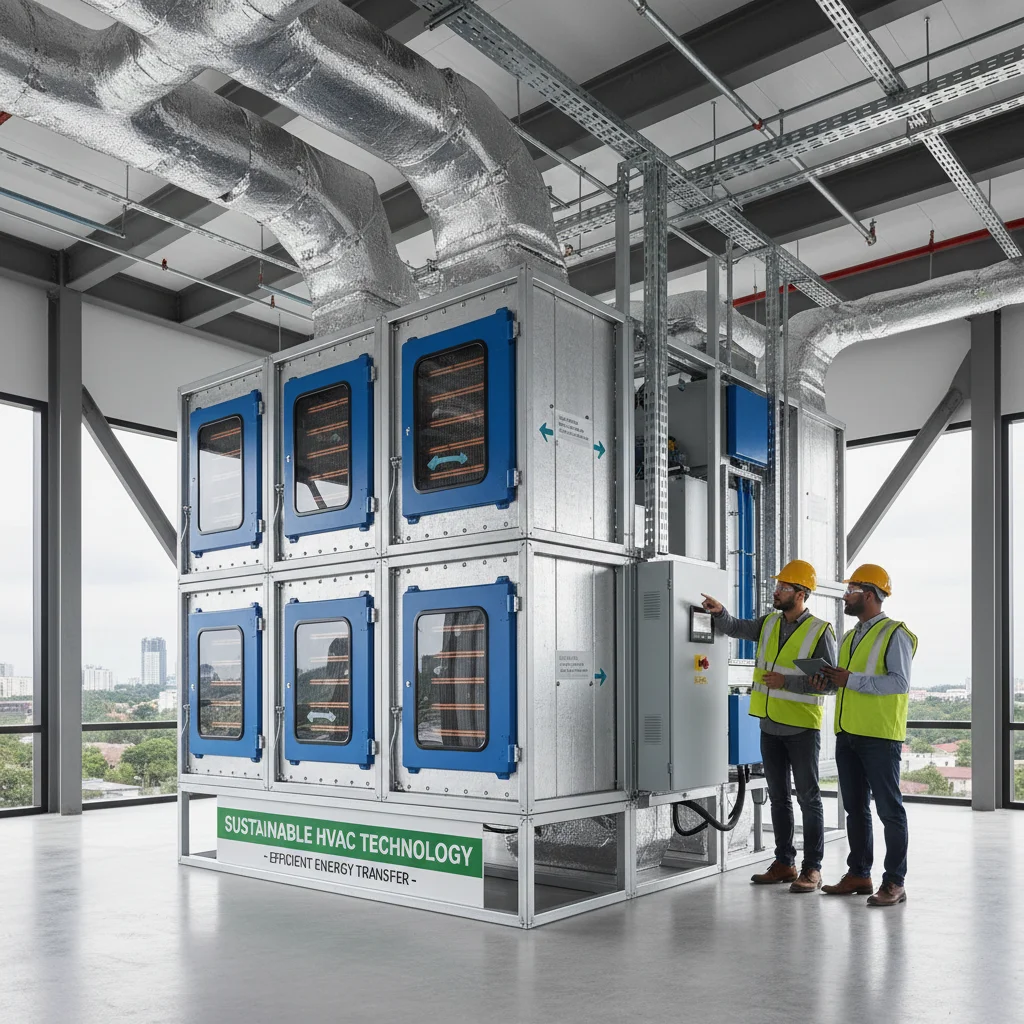 Engineers examining a modular heat recovery ventilation unit in a commercial building.