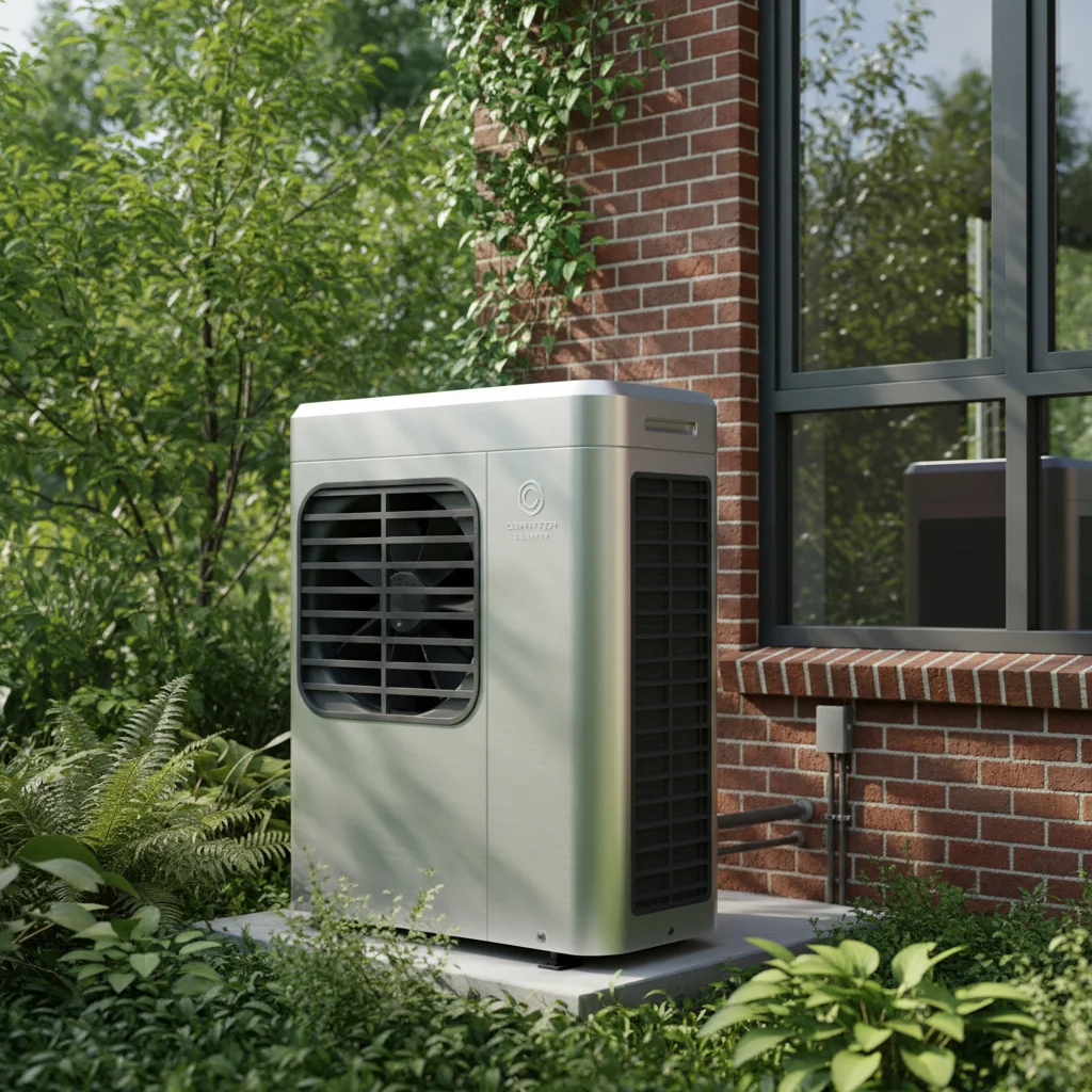 High-efficiency heat pump unit for sustainable home heating and cooling.