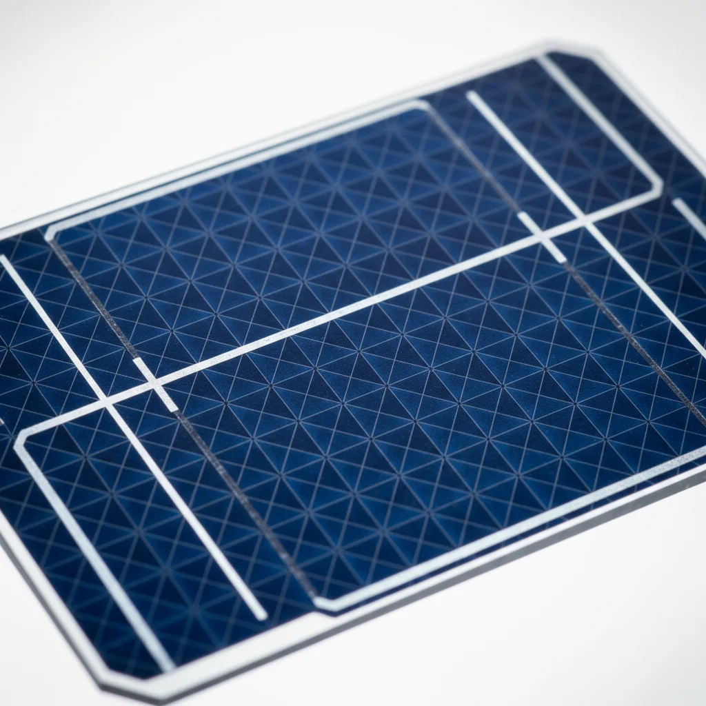 Close-up of a high-efficiency PERC solar cell, demonstrating advanced solar panel technology.