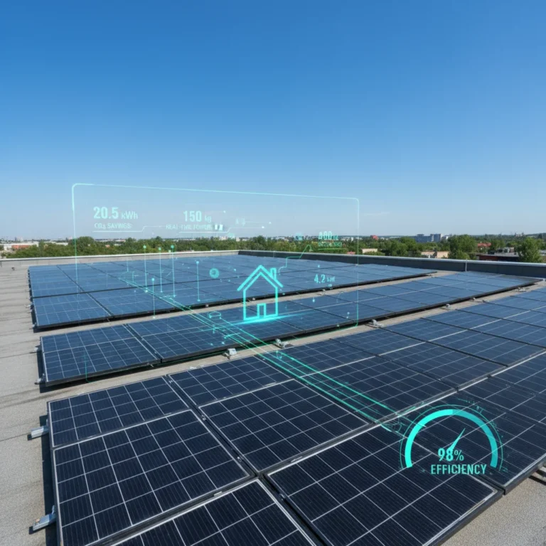 High-efficiency solar panels on a modern home rooftop with a clear sky background.