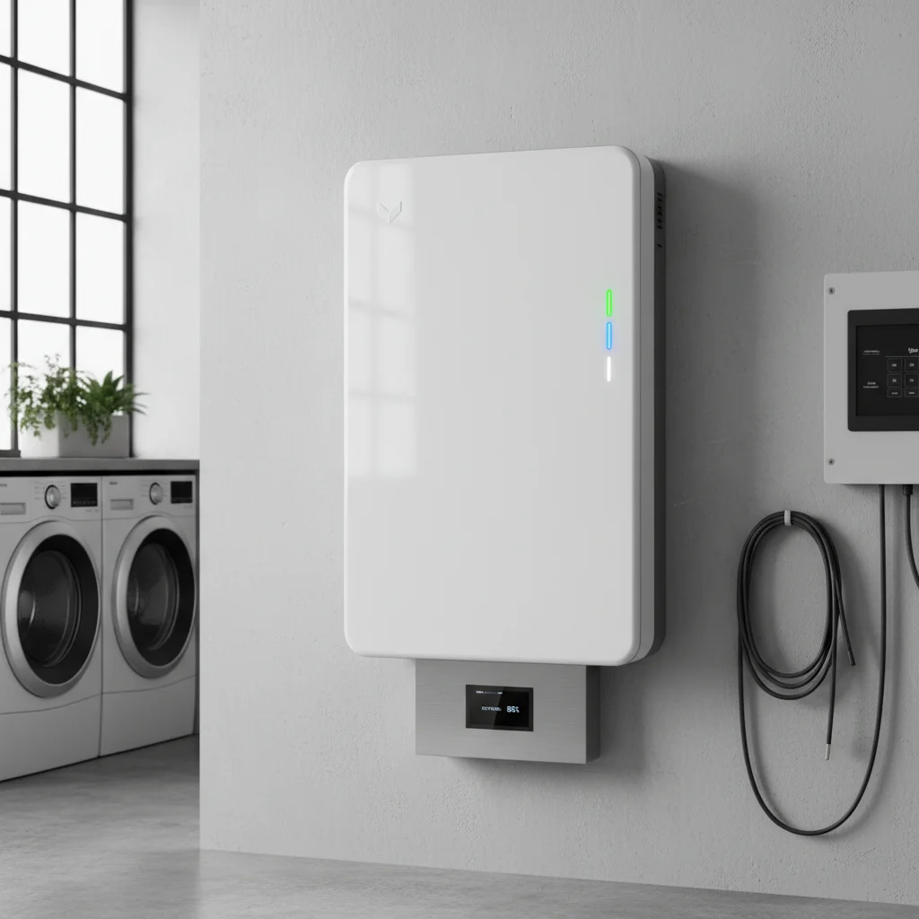 Wall-mounted home battery storage system in a utility room.