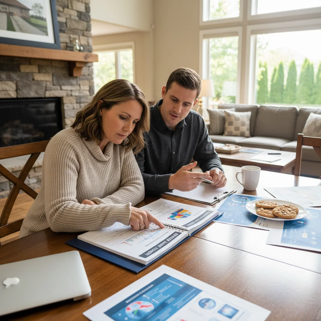 Homeowner reviewing detailed energy audit report with consultant.