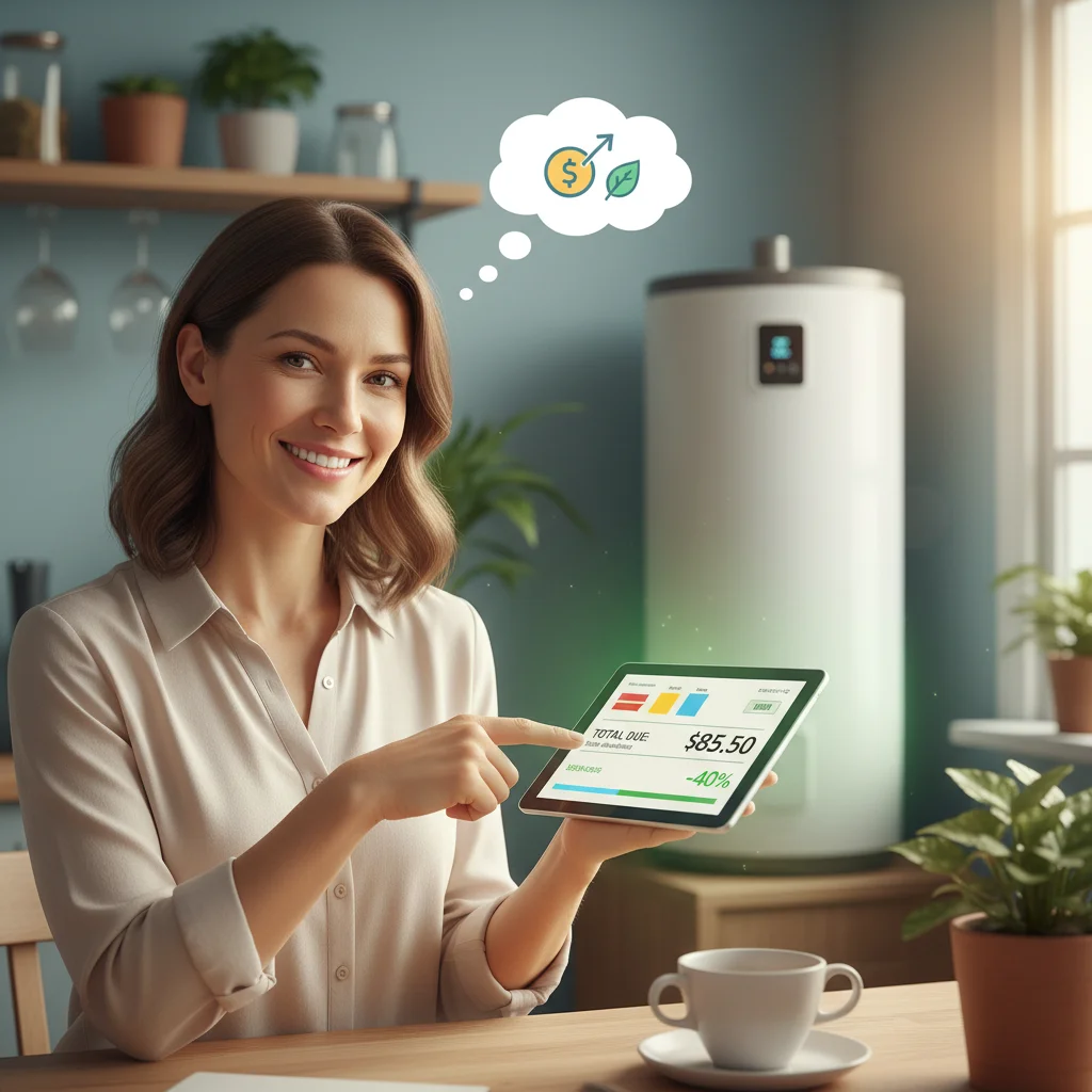 Homeowner reviewing energy bill with heat pump water heater in background