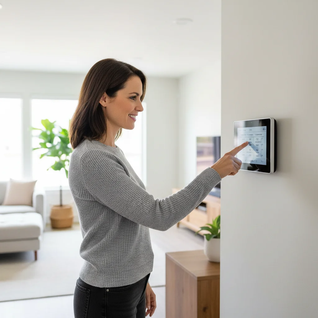 Homeowner programming a smart thermostat for daily schedule