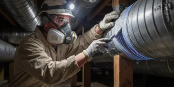 HVAC technician sealing leaky ductwork with mastic for improved energy efficiency