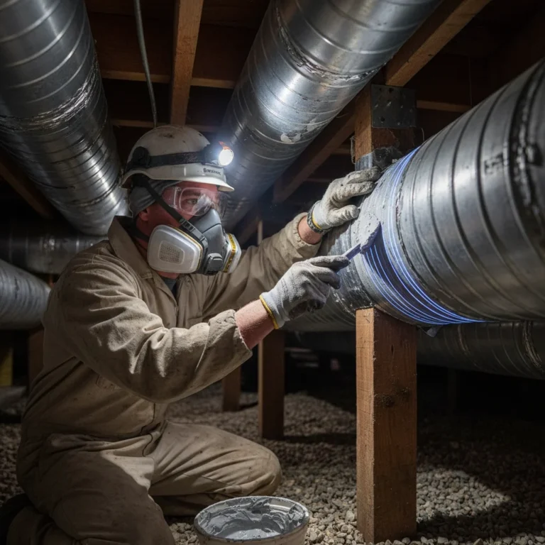 HVAC technician sealing leaky ductwork with mastic for improved energy efficiency