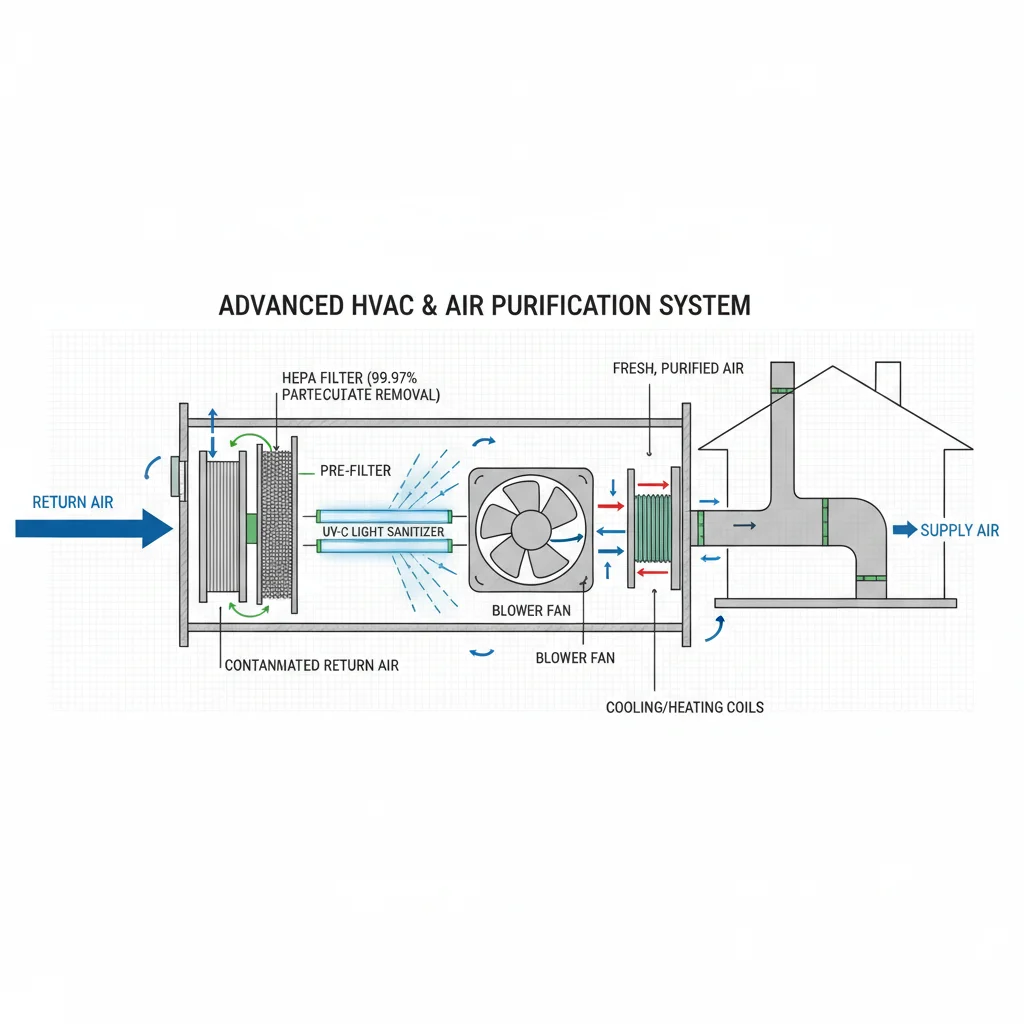 Diagram of advanced HVAC system with HEPA filter and UV-C light for air purification.