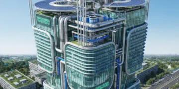 Futuristic building with advanced HVAC system and renewable energy sources, symbolizing 2026 energy savings.