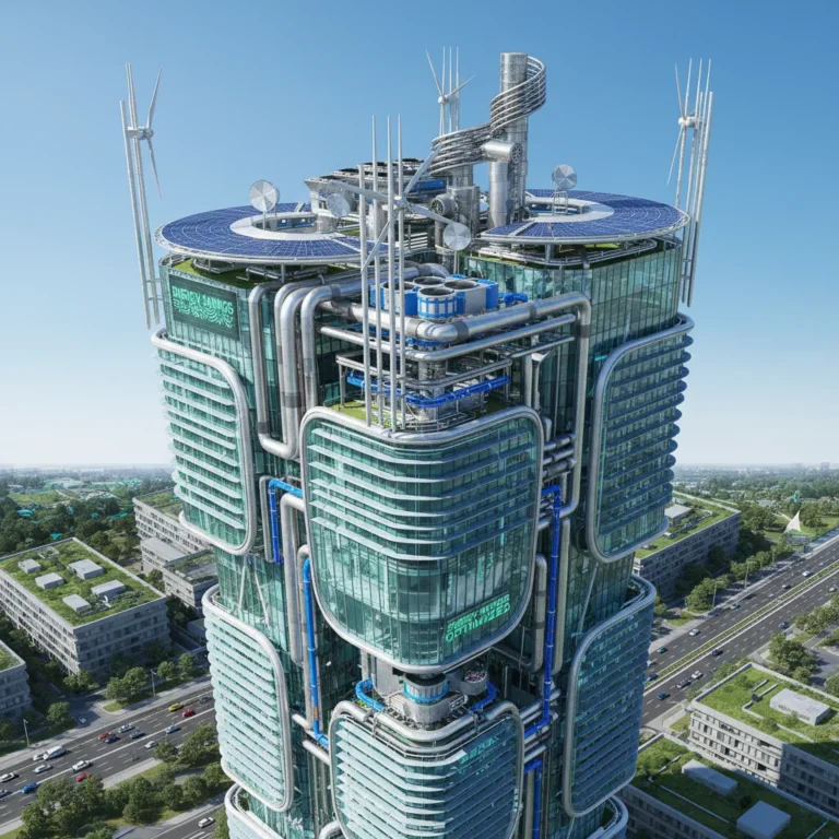 Futuristic building with advanced HVAC system and renewable energy sources, symbolizing 2026 energy savings.
