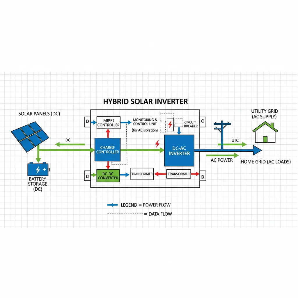 Diagram of hybrid solar inverter system components and energy flow.