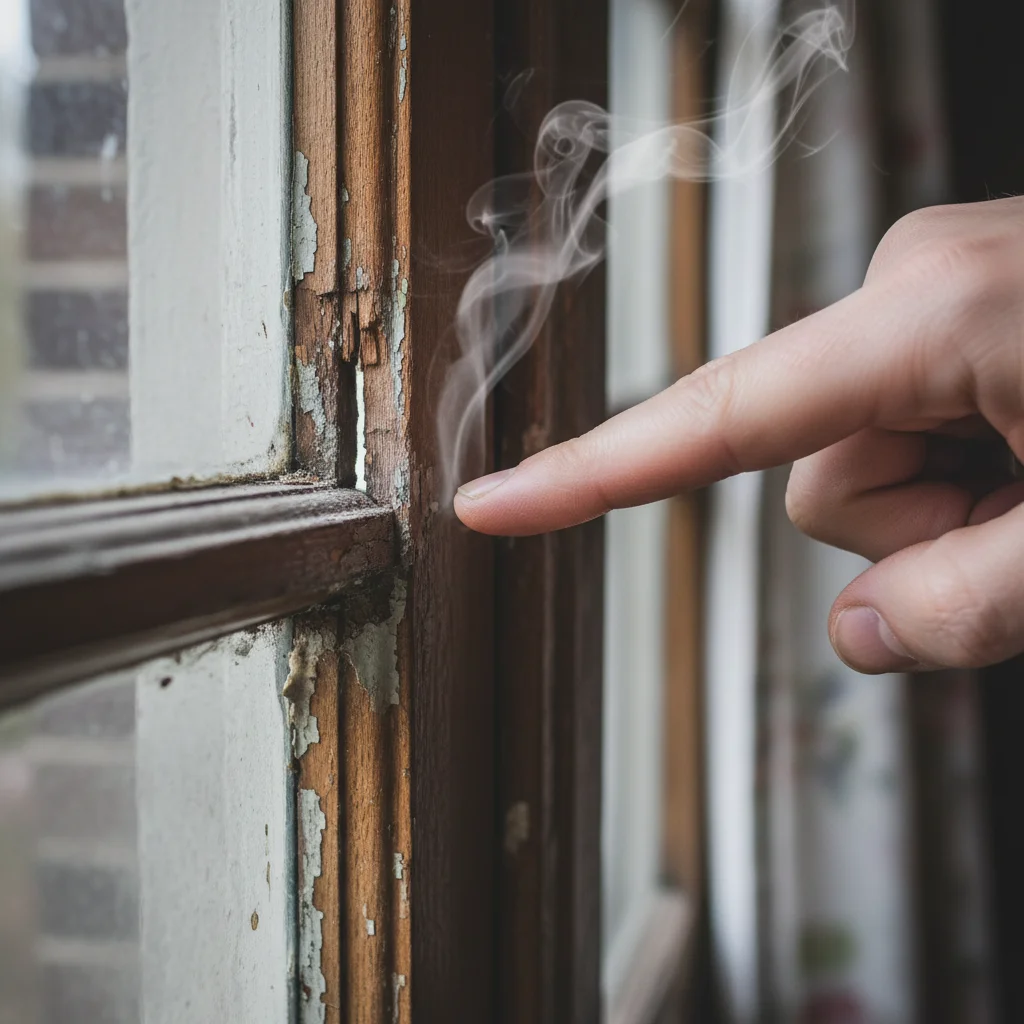 Identifying drafts around a window frame with a hand.