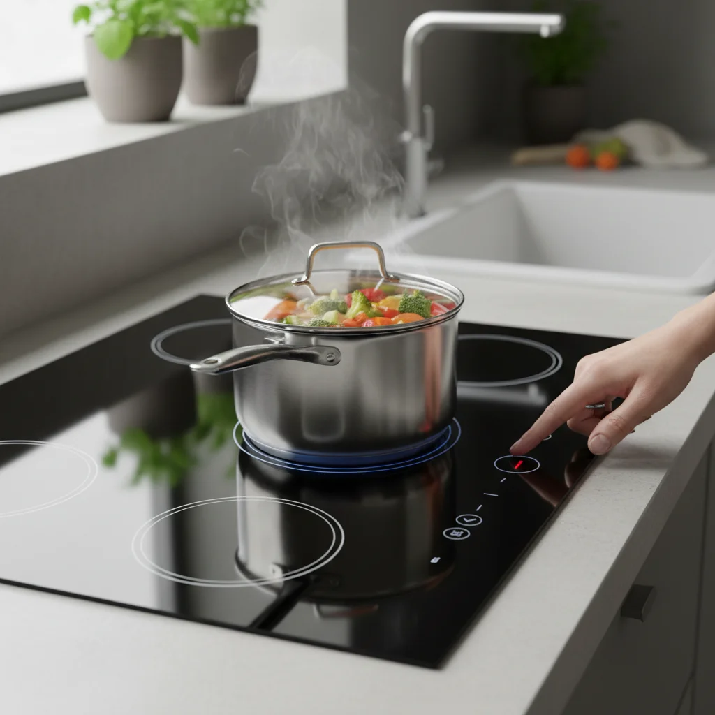 Induction cooktop with a pot, showcasing energy efficiency in a modern kitchen.