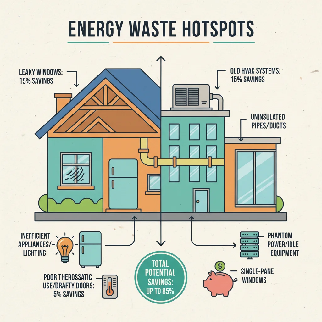 Infographic showing common sources of energy waste in buildings.