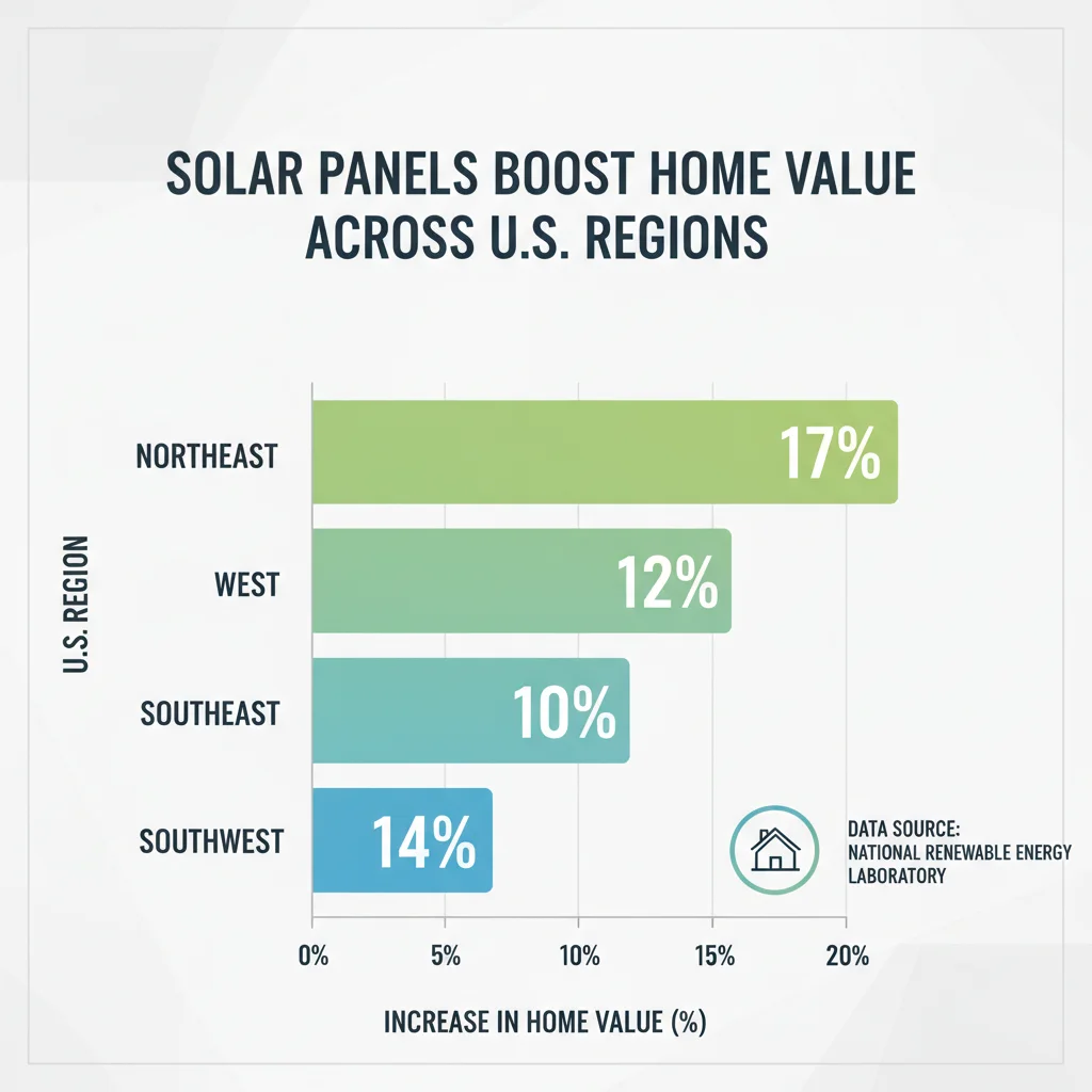 Infographic showing regional home value increase percentages due to solar panel installation in the US.