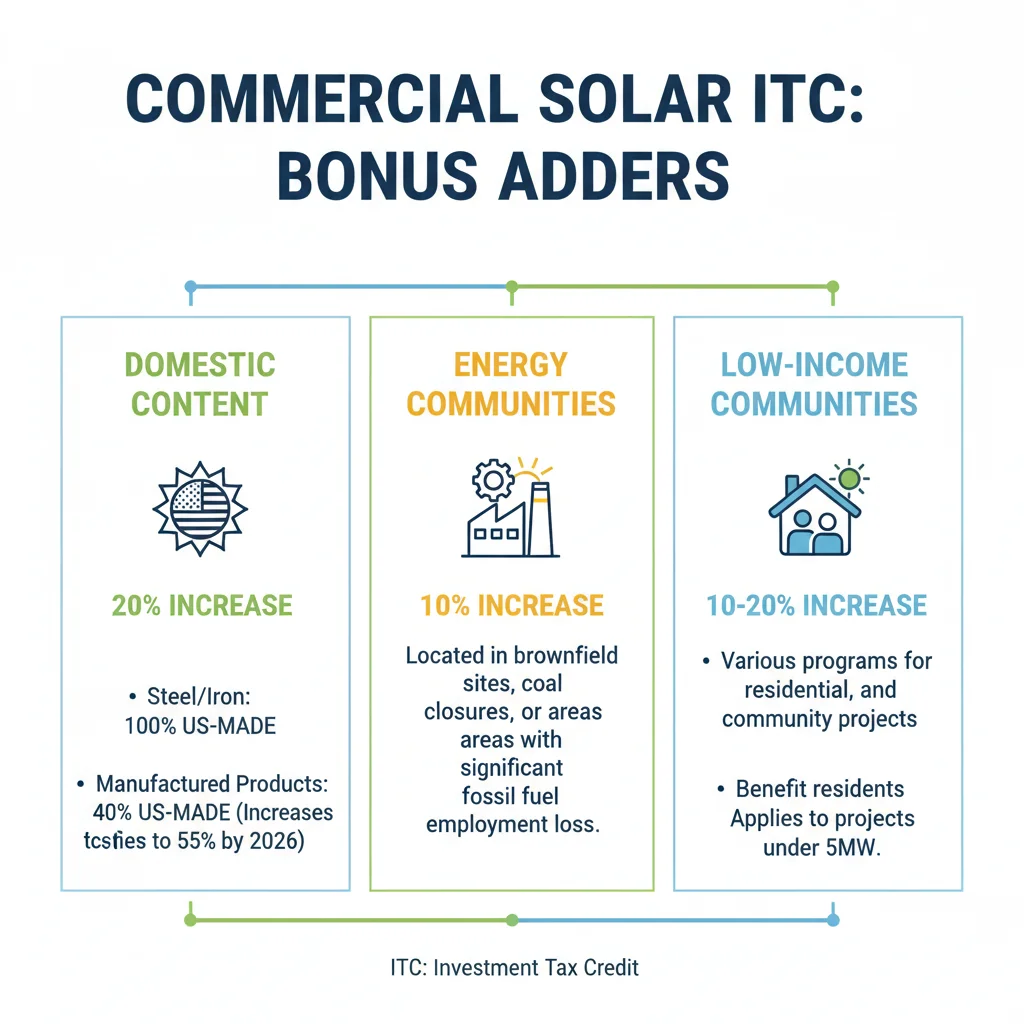 Infographic showing commercial solar ITC bonus adders for domestic content and energy communities