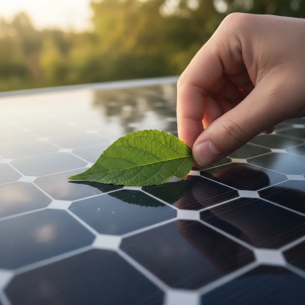 Hand placing green leaf on solar panel, environmental connection