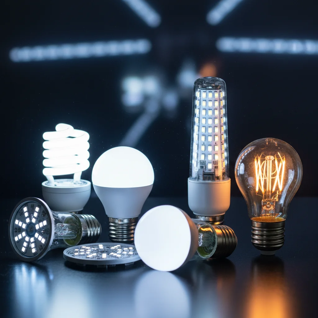 Comparison of various LED light bulbs with a traditional incandescent bulb, showing technological evolution.