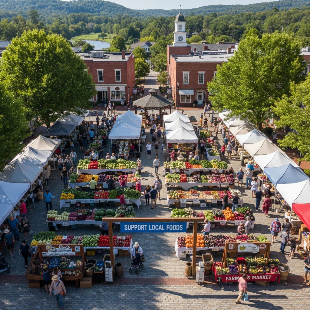 Aerial view of a vibrant farmer's market with fresh produce and local vendors in the U.S.