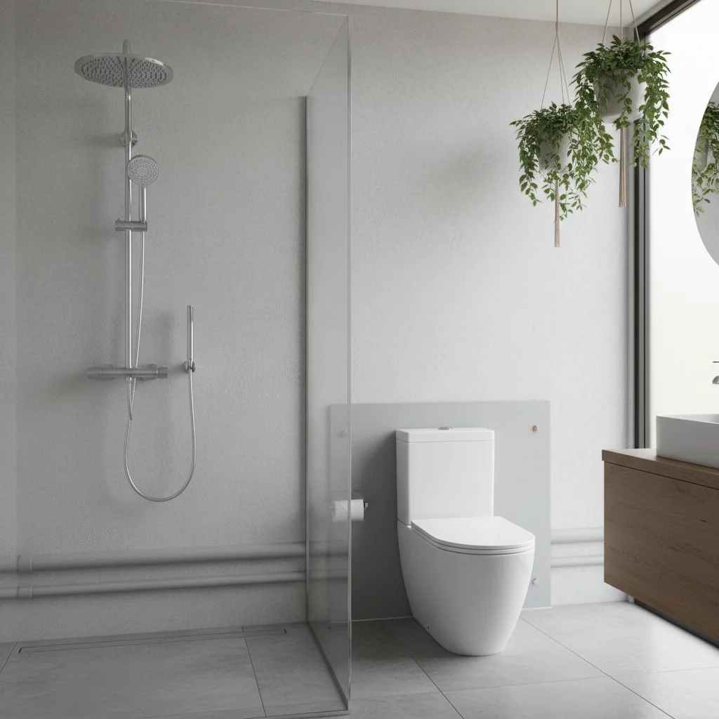 Low-flow toilet and water-efficient showerhead in a modern bathroom