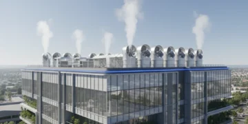 Modern commercial building with advanced ventilation systems for energy savings